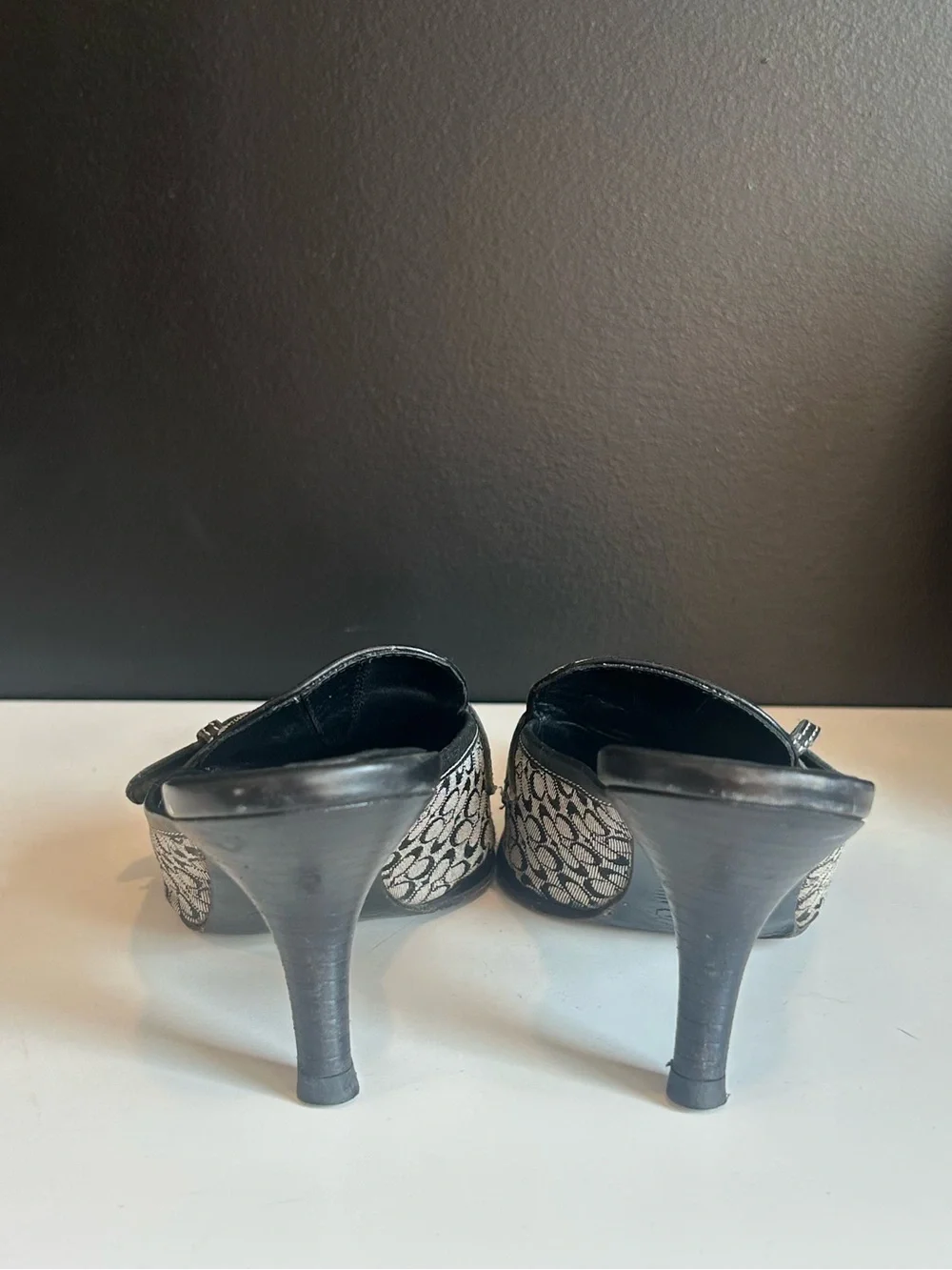 Vintage Coach Monogram Mules Pointed Toe Kitten Heel Buckle Clasp Black Gray Y2K